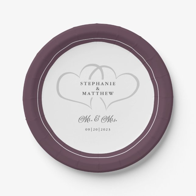 Elegant Wedding Mr & Mrs Purple Romantic Hearts Paper Plate (Front)