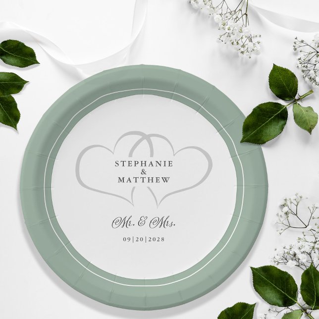 Elegant Wedding Mr & Mrs Rustic Sage Green Hearts Paper Plate (Elegant Wedding Mr & Mrs Rustic Sage Green Romantic Hearts Guest Reception Dinner Paper Plates)