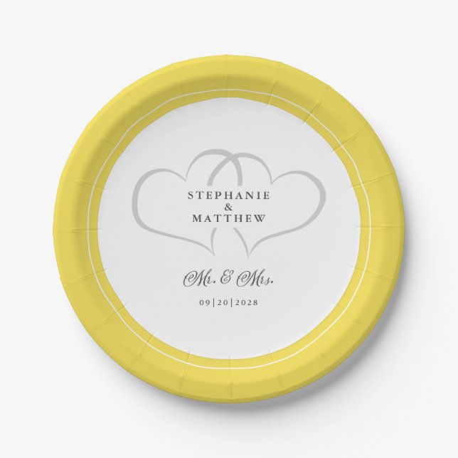 Elegant Wedding Mr & Mrs Yellow Chic Hearts Fancy  Paper Plate (Front)
