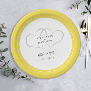 Elegant Wedding Mr & Mrs Yellow White Hearts Paper Plate