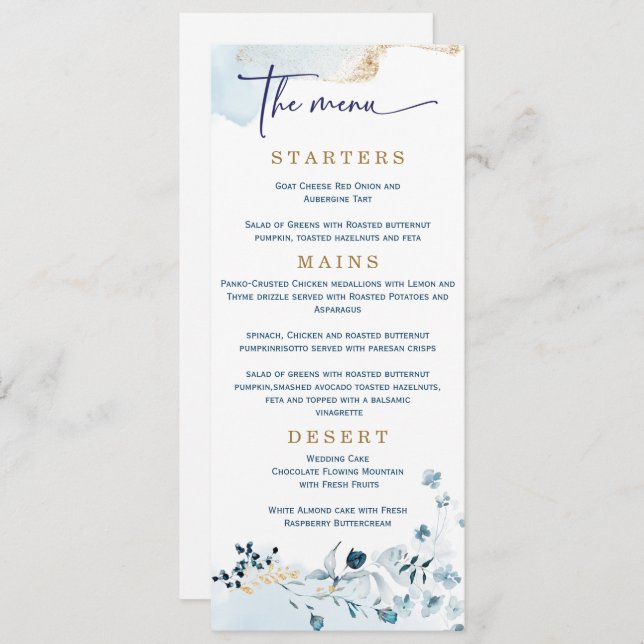 Elegant Wedding Navy Blue and Gold  Menu (Front/Back)