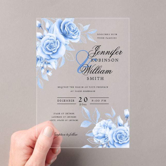 Elegant Wedding Navy Blue Roses Floral Theme Acrylic Invitations (Insitu (Handheld))