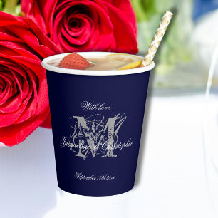 Elegant Wedding Navy Silver Monogram + Names Chic Paper Cups