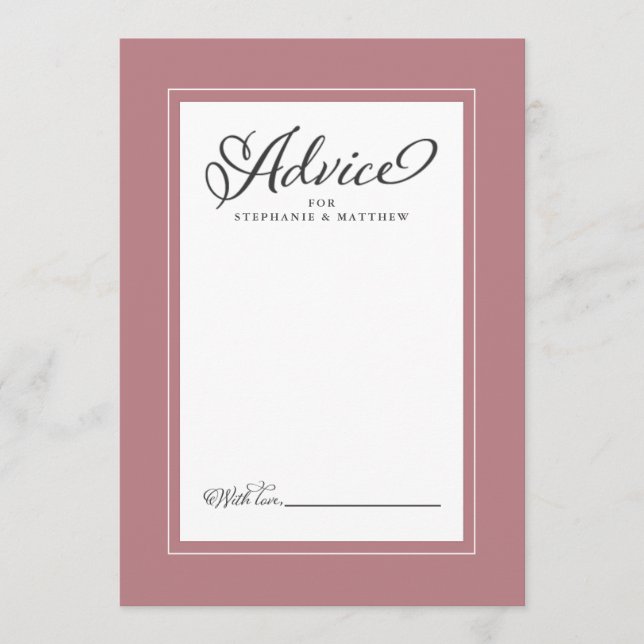 Elegant Wedding Newlywed Wishes Dusty Rose Border Advice Card (Front)