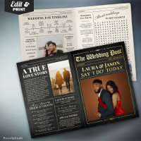 Elegant Wedding Newspaper w. Timeline Black & Gold