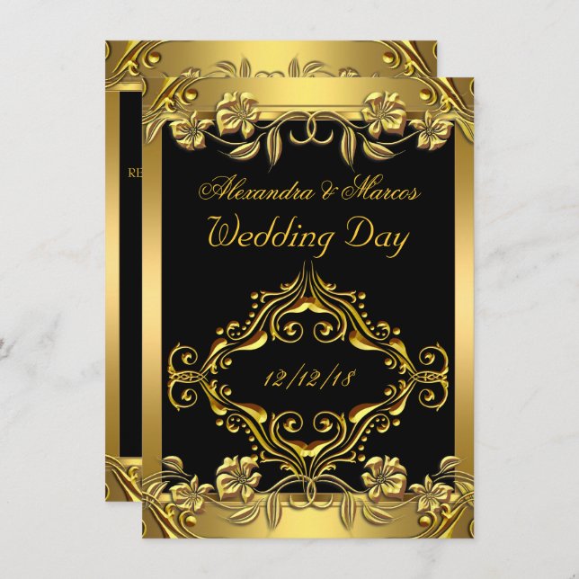 Elegant Wedding Ornate Floral Black Gold Invitation (Front/Back)