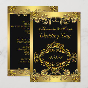 Elegant Wedding Ornate Floral Black Gold Invitation