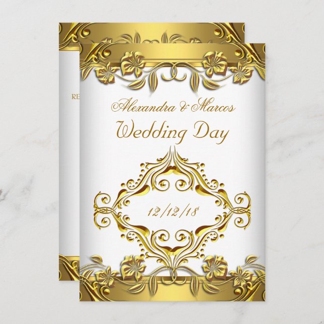 Elegant Wedding Ornate Floral White Gold 2 Invitation (Front/Back)