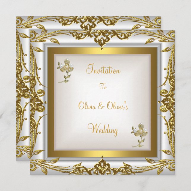 Elegant Wedding Ornate Floral White Gold Invitation (Front/Back)