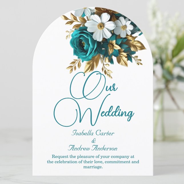 Elegant Wedding Ornate Teal White Gold Flowers Invitation (Creator Uploaded)