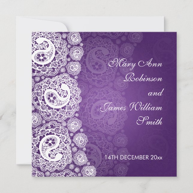 Elegant Wedding Paisley Lace Purple Invitation (Front)