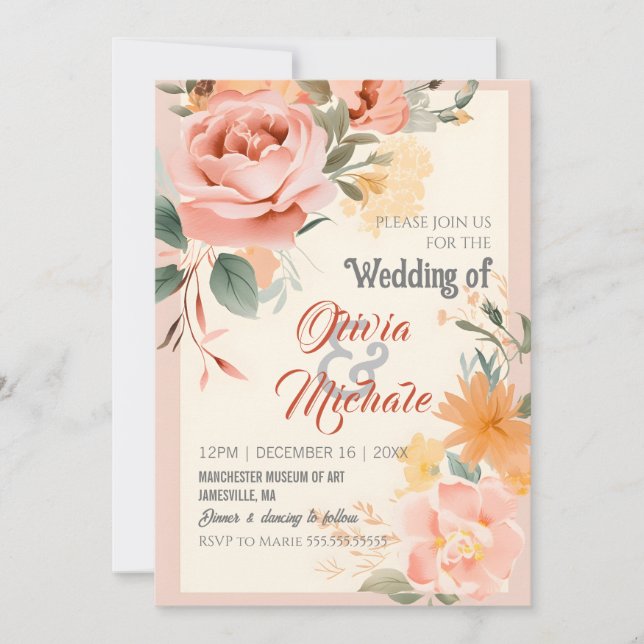 Elegant Wedding  Pastel Pink Orange Floral Frame Invitation (Front)