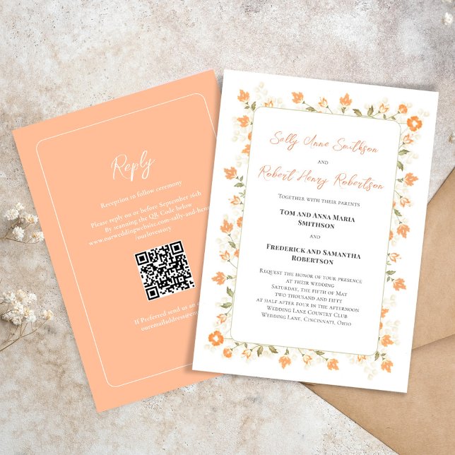 Elegant Wedding Peach Floral Calligraphy Script Invitation (Elegant peach floral wedding invitation with RSVP and QR code on the backside. )