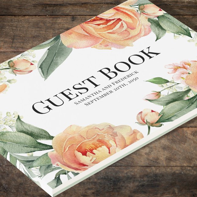 Elegant Wedding Peach Floral  Guest Book (Elegant wedding guest book with peach floral design. )