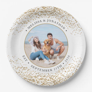 Elegant Wedding Personalised Gold Glitter Photo Paper Plate