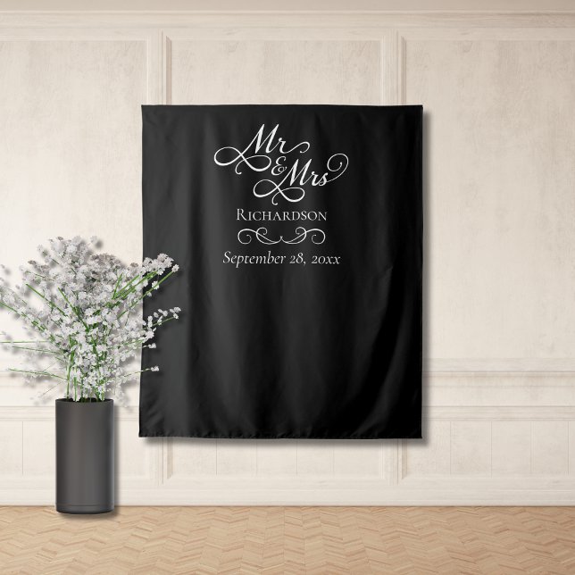 Elegant Wedding Photo Backdrop Tapestry (elegant black and white wedding reception photo backdrop photobooth for guests, mr and mrs script)
