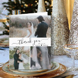 Elegant Wedding Photo Collage Thank You Card<br><div class="desc">Elegant, Stylish Minimalist Hand Lettered Wedding Photo Collage Thank You Folded Card. This card template featuring three (3) photo on the front and one (1) photo inside. With the text "thank you" in a pretty hand lettered typography script font script font with swashes in black on white background. Personalise the...</div>