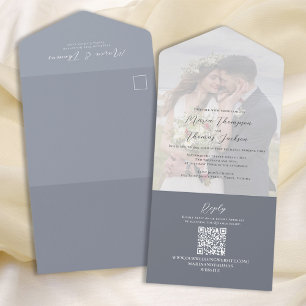 Elegant Wedding Photo Dusty Blue All In One Invitation