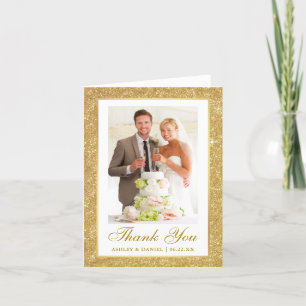 Elegant Wedding Photo Gold Glitter Frame Note Thank You Card