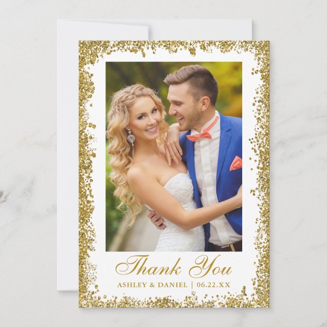 Elegant Wedding Photo Gold Glitter Thank You Card (Front)