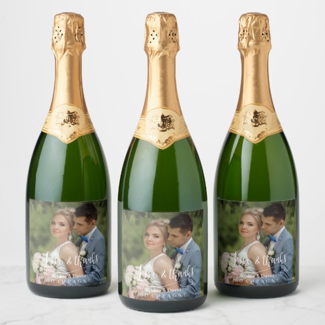 Elegant Wedding Photo Love & Thanks Typography Sparkling Wine Label (Bottles)