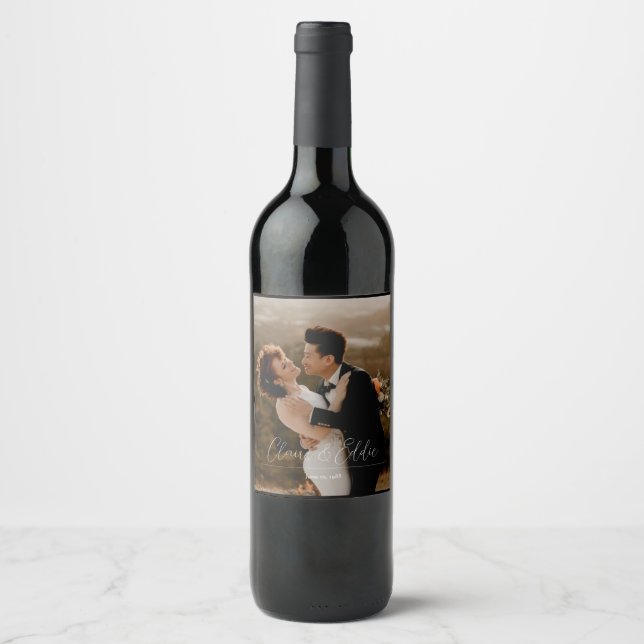 Elegant wedding photo personalised custom script wine label (Front)