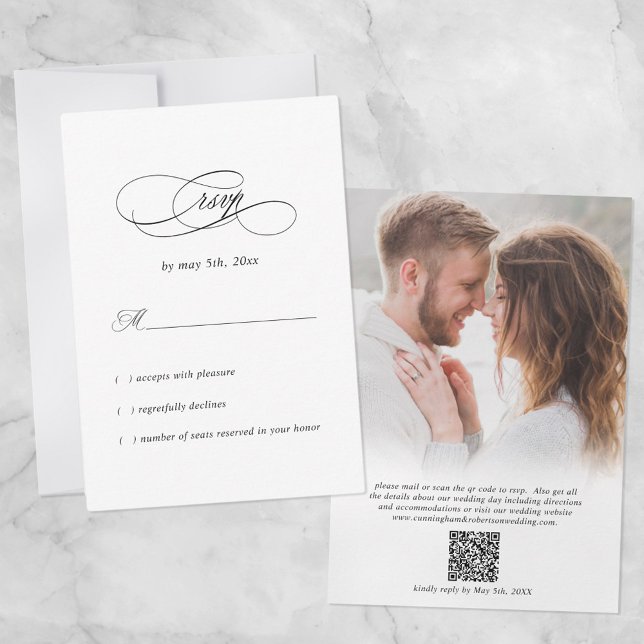 Elegant Wedding Photo QR Code Modern Minimal Black RSVP Card (Creator Uploaded)