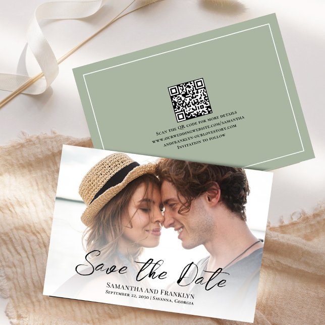 Elegant Wedding Photo Simple Green Save The Date (Creator Uploaded)
