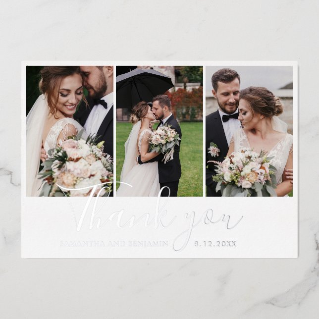Elegant Wedding Photos Thank You Silver Foil Card (Front)