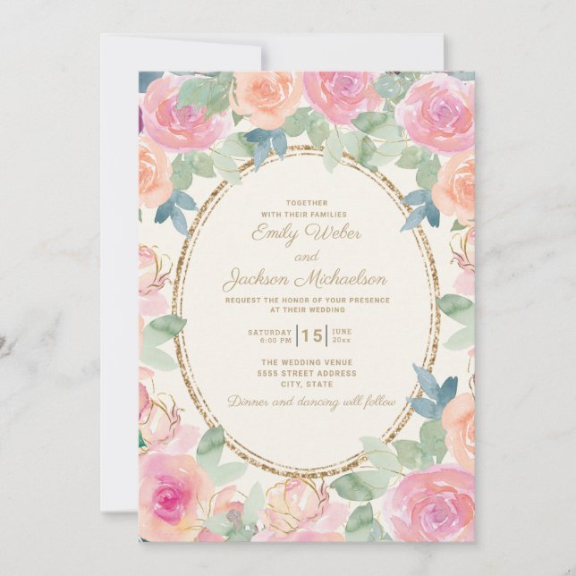 Elegant Wedding Pink Peach Watercolor Floral Gold Invitation (Front)