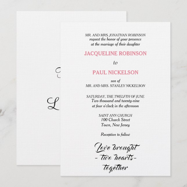 Elegant Wedding Pink White Two Hearts Invitation (Front/Back)