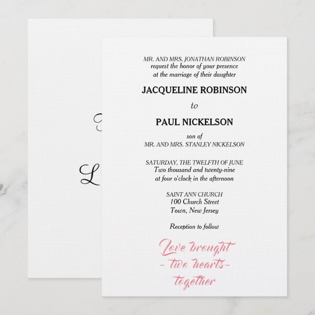 Elegant Wedding Pink White Two Hearts Invitation (Front/Back)