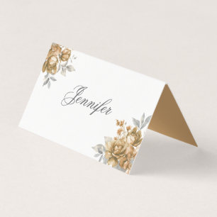 Elegant Wedding Place Card Gold Floral w/ Name
