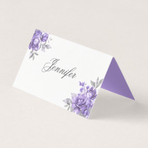 Elegant Wedding Place Card Purple Floral Name