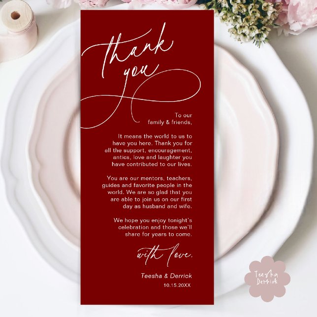Elegant Wedding Place Setting Thank You Card (Elegant Wedding Place Setting Thank You Card in Burgundy Wine Red)