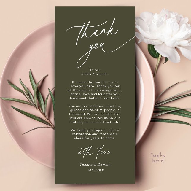 Elegant Wedding Place Setting Thank You Card (Elegant Wedding Place Setting Dinner Thank You Card in Olive Green)