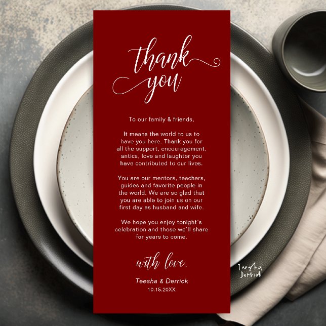 Elegant Wedding Place Setting Thank You Card (Elegant Wedding Place Setting Thank You Card in Burgundy wine red)