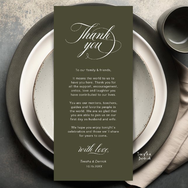Elegant Wedding Place Setting Thank You Card (Elegant Classic Wedding Place Setting Thank You Dinner Card in olive green)