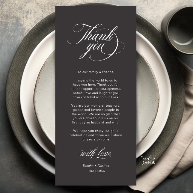 Elegant Wedding Place Setting Thank You Card (Elegant Classic Wedding Place Setting Thank You Dinner Card in charcoal grey)