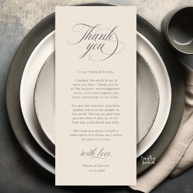 Elegant Wedding Place Setting Thank You Card (Elegant Classic Wedding Place Setting Thank You Dinner Card in cream and grey)