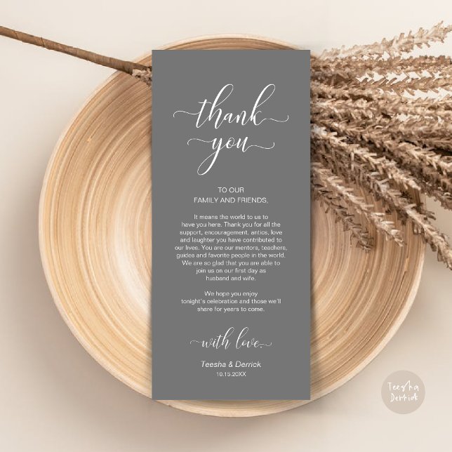 Elegant Wedding Place Setting Thank You Card (Modern Classy Place Setting Wedding Dinner Thank You Card, in Dark Grey)