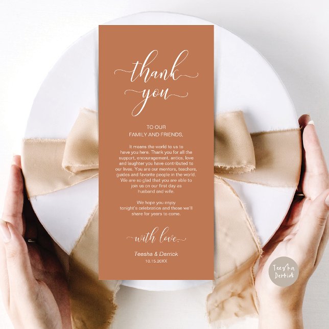 Elegant Wedding Place Setting Thank You Card (Wedding Dinner Place Setting Thank You Card, in Modern Classy, Copper Rust Brown)
