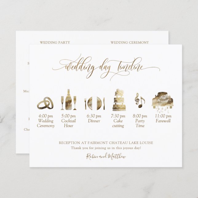  Elegant Wedding Program and Timeline in Gold (Front/Back)