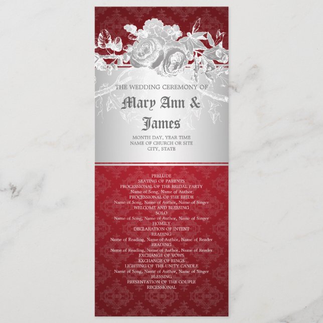 Elegant Wedding Program Baroque Flourish Red Programme (Front)
