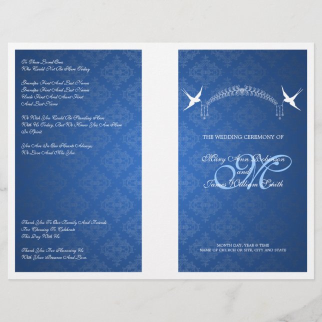 Elegant Wedding Program Birds Monogram Blue (Front)