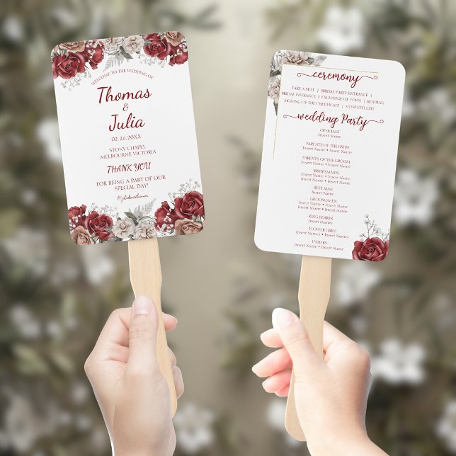 Elegant Wedding Program Burgundy & Silver Floral Hand Fan (Elegant Wedding Program Burgundy & Silver Floral Hand Fan)