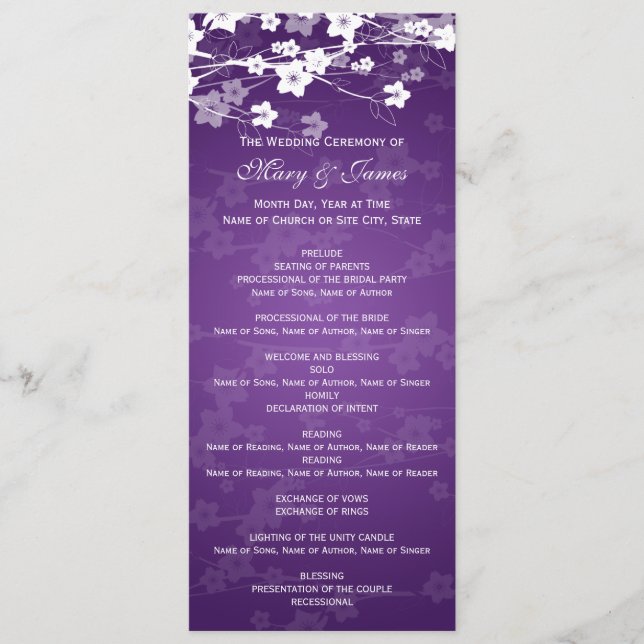 Elegant Wedding Program Cherry Blossom Purple Programme (Front)