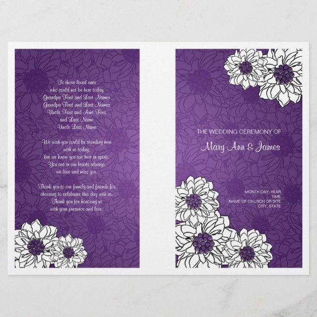 Elegant Wedding Program Dahlia Floral Purple (Front)