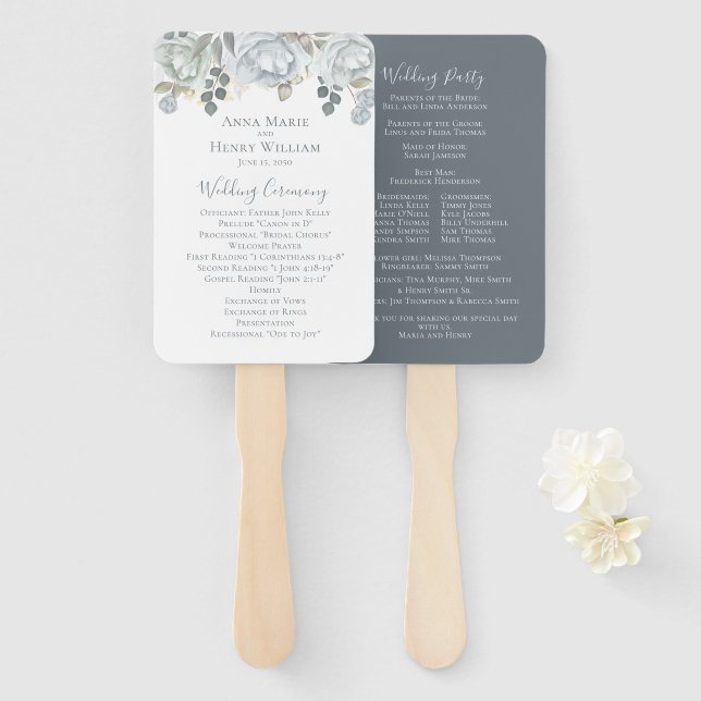 Elegant Wedding Program Dusty Blue Floral Hand Fan (Front and Back)