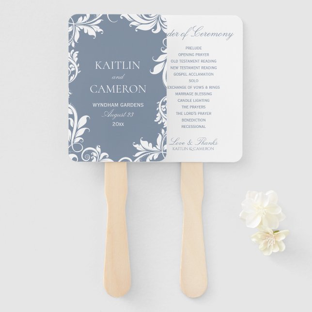 Elegant Wedding Program Fan | Leaves | Dusty Blue (Front and Back)